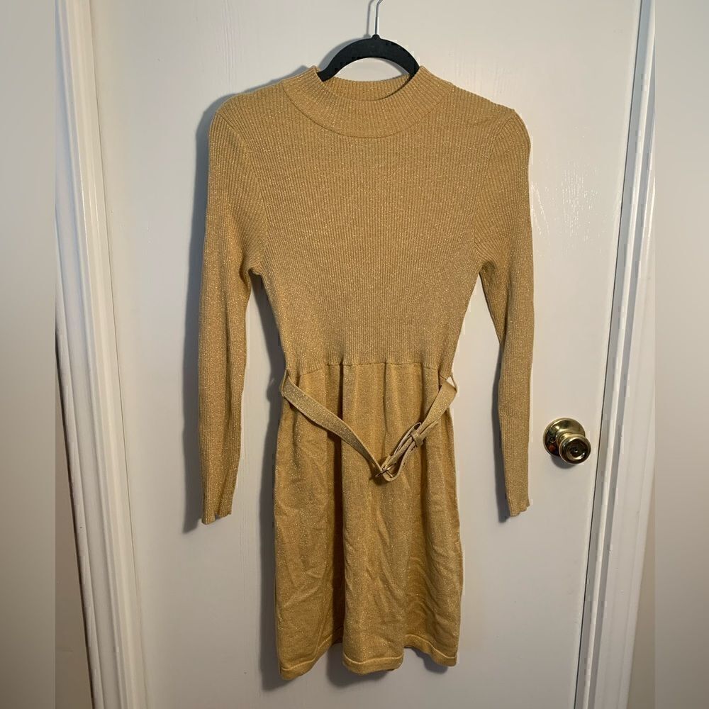 Free People EUC gold metallic knit high neck belted long sleeve dress size S